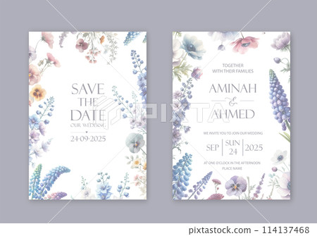 Elegant wedding invites with watercolor violet flowers on white background. Elegant wedding invites with watercolor violet flowers on white background. 114137468
