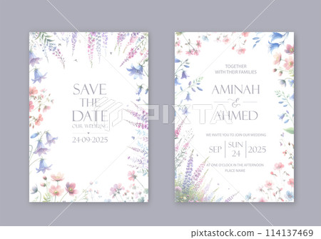 Elegant wedding invites with watercolor flowers on white background. Elegant wedding invites with watercolor flowers on white background. 114137469