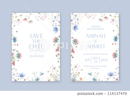 Elegant wedding invites with watercolor flowers on white background. 114137470