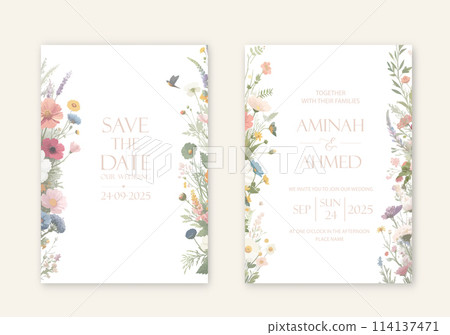 Elegant wedding invites with watercolor flowers on white background. Elegant wedding invites with watercolor flowers on white background. 114137471