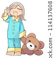 A girl yawning with a stuffed toy 114137608