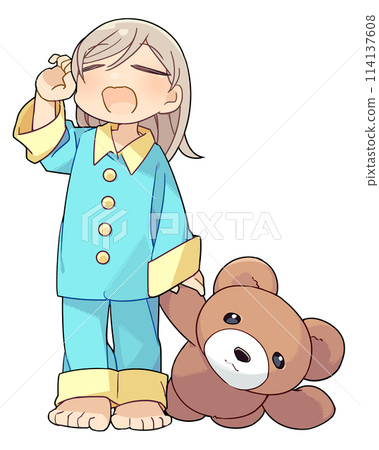 一個女孩抱著毛絨動物打哈欠 114137608