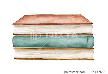 Watercolor illustration stacks of books for reading, pile of textbooks for education. Set of literature, dictionaries, encyclopedias. Colored illustration isolated on white background. 114137618