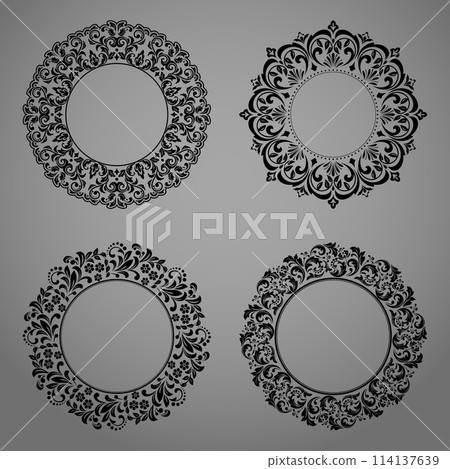 Set of decorative frames Elegant vector element for design in Eastern style, place for text. Floral black and gray borders. Lace illustration for invitations and greeting cards 114137639