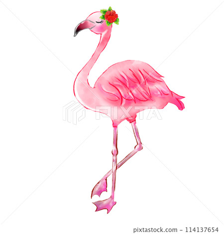 Flamingo with hibiscus flower closing its eyes 114137654
