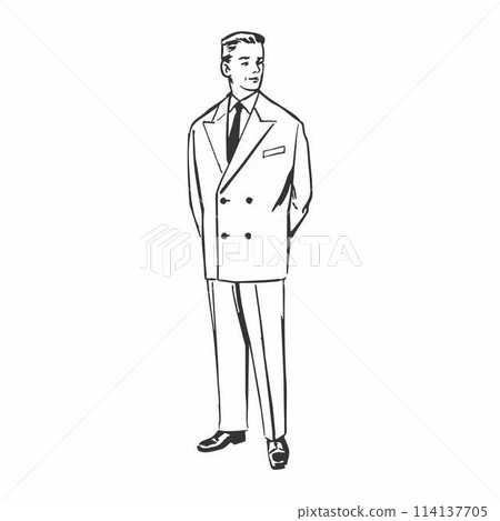 Young smiling retro man standing in suit. Vector of businessman. 114137705