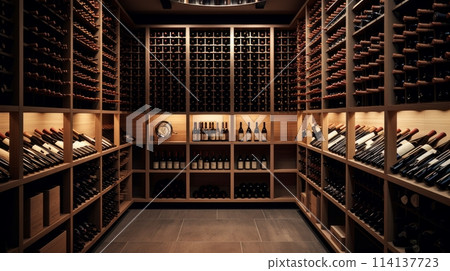 Wine cellar with wine barrels, modern and clean with oak barrels for aging and transport. 114137723