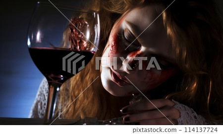 alcoholism, alcohol addiction and people concept - drunk woman or alcoholic woman drinking wine and spirits at home, alcohol problems. alcoholism, alcohol addiction and people concept - drunk woman or alcoholic woman drinking wine and spirits at home, alcohol problems. 114137724