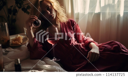 alcoholism, alcohol addiction and people concept - drunk woman or alcoholic woman drinking wine and spirits at home, alcohol problems. alcoholism, alcohol addiction and people concept - drunk woman or alcoholic woman drinking wine and spirits at home, alcohol problems. 114137725