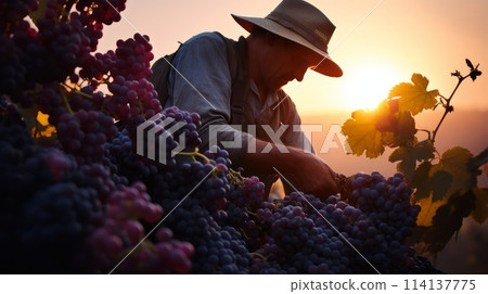 Man picking grapes: Manually picking blue grapes on vineyards to make wine. 114137775