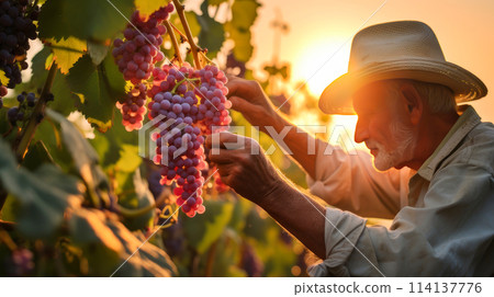 Man picking grapes: Manually picking red pink grapes on vineyards to make wine. 114137776