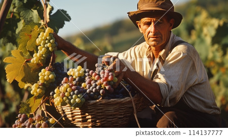Man picking grapes: Manually picking blue grapes on vineyards to make wine. 114137777