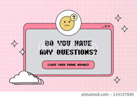 Do you have any questions - popup window. Emoticon sad icon. Retro computer aesthetic. Computer screen 90s, 2000s vector illustration. Do you have any questions - popup window. Emoticon sad icon. Retro computer aesthetic. Computer screen 90s, 2000s vector illustration. 114137890