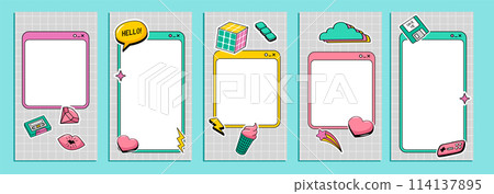 90s cute post templates collection. Social media stories and posts with retro groovy cartoon elements. 90s cute post templates collection. Social media stories and posts with retro groovy cartoon elements. 114137895
