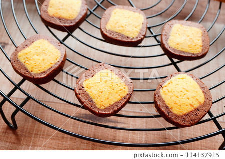Freshly baked homemade cookies baked with a 10-year-old child. Pumpkin and cocoa flavored icebox cookies. Freshly baked homemade cookies baked with a 10-year-old child. Pumpkin and cocoa flavored icebox cookies. 114137915