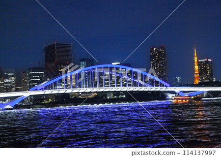 Illuminated bridges on the Sumida River and cityscape Tokyo night view 114137997
