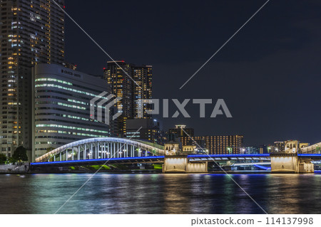 Illuminated bridges on the Sumida River and cityscape Tokyo night view 114137998