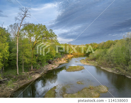 Bourbeuse River near Rosebud, Missouri in springtime scenery, aerial view Bourbeuse River near Rosebud, Missouri in springtime scenery, aerial view 114138003