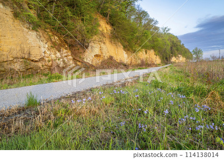 Steamboat Trace, bike trail converted from an abandoned railroad, near Peru, Nebraska, springtime morning scenery 114138014