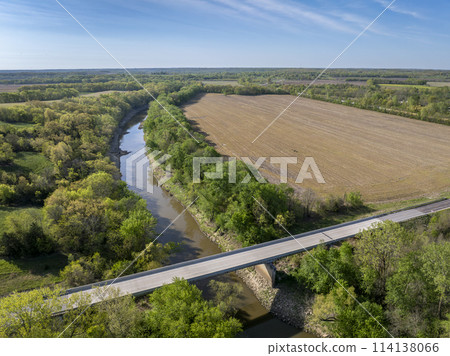 farmland and Blackwater River, springtime aerial view near town of Blackwater, Missouri farmland and Blackwater River, springtime aerial view near town of Blackwater, Missouri 114138066