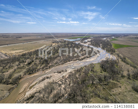 South Platte River near Big Springs, Nebraska, early spring aeiral view South Platte River near Big Springs, Nebraska, early spring aeiral view 114138081