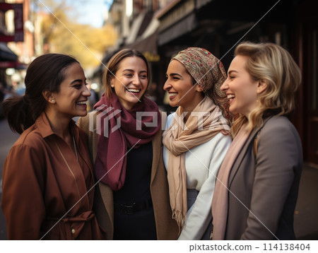Group of various women talk and laugh in the street. Women's Community, Friendship and Cohesion 114138404