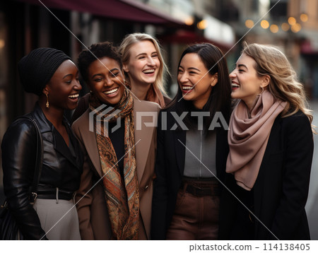 Group of various women talk and laugh in the street. Women's Community, Friendship and Cohesion 114138405