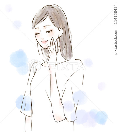 一個表情輕鬆、水彩風格、美麗和健康的女性的插圖 一個表情輕鬆、水彩風格、美麗和健康的女性的插圖 114138434