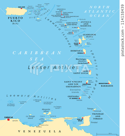 Eastern Caribbean islands, political map. Puerto Rico, Virgin Islands, Leeward and Windward Islands, and part of the Leeward Antilles north the coast of Venezuela, all located in the Caribbean Sea. Eastern Caribbean islands, political map. Puerto Rico, Virgin Islands, Leeward and Windward Islands, and part of the Leeward Antilles north the coast of Venezuela, all located in the Caribbean Sea. 114138439