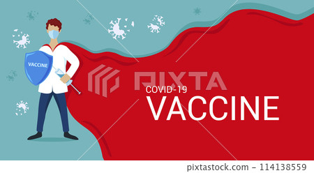 Doctor superhero holds a shield and a syringe with a vaccine. Doctors are fighting the coronavirus. Vector illustration of vaccination. 114138559