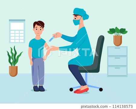 A boy at a doctor's appointment is vaccinated. The doctor makes a syringe injection. The vaccine - vector illustration. 114138573