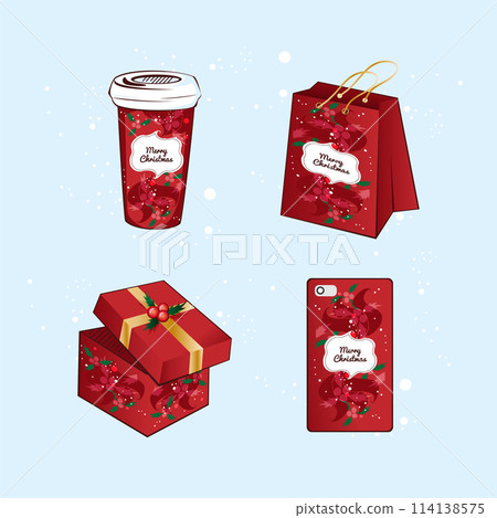 A set of items with Christmas packaging. Coffee cup, bag, box, smartphone case. Souvenir products. Vector 114138575