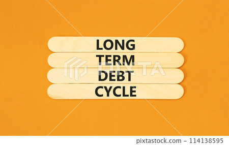 Long term debt cycle symbol. Concept words Long term debt cycle on wooden stick. Beautiful orange table orange background. Business Long term debt cycle concept. Copy space. 114138595