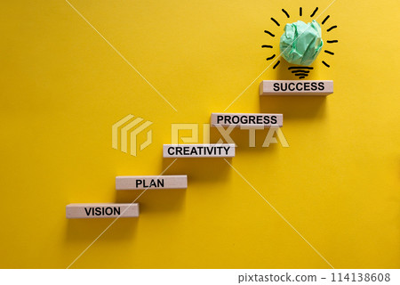Business concept growth success process. Wood blocks stacking as step stair on yellow background, copy space. Words 'vision, plan, creativity, progress, success'. Concept of idea and innovation. Business concept growth success process. Wood blocks stacking as step stair on yellow background, copy space. Words 'vision, plan, creativity, progress, success'. Concept of idea and innovation. 114138608