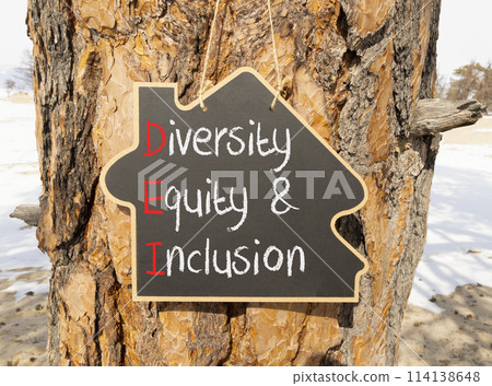 DEI diversity equity and inclusion symbol. Concept words DEI diversity equity and inclusion on blackboard. Beautiful tree background. Business DEI diversity equity and inclusion concept. Copy space. DEI diversity equity and inclusion symbol. Concept words DEI diversity equity and inclusion on blackboard. Beautiful tree background. Business DEI diversity equity and inclusion concept. Copy space. 114138648