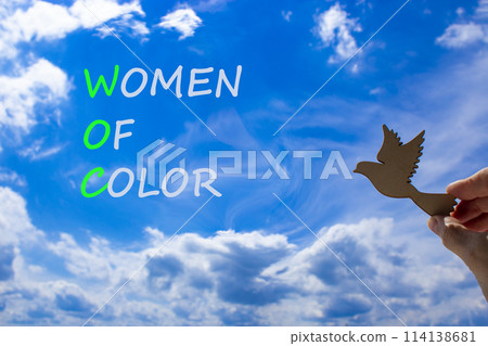 WOC women of color symbol. Concept words WOC women of color on beautiful blue sky clouds background. Wooden bird. Businessman hand. Business WOC women of color social issues concept. Copy space. WOC women of color symbol. Concept words WOC women of color on beautiful blue sky clouds background. Wooden bird. Businessman hand. Business WOC women of color social issues concept. Copy space. 114138681