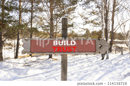 Build trust symbol. Concept words Build trust on beautiful wooden road sign. Beautiful forest snow blue sky background. Business and build trust concept, copy space. 114138728