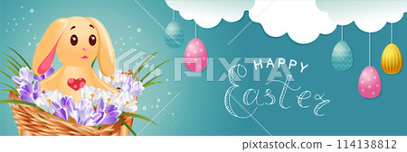 Horizontal banner Happy Easter. Cute bunny in a basket with snowdrops, clouds, colorful eggs. Vector illustration. Horizontal banner Happy Easter. Cute bunny in a basket with snowdrops, clouds, colorful eggs. Vector illustration. 114138812
