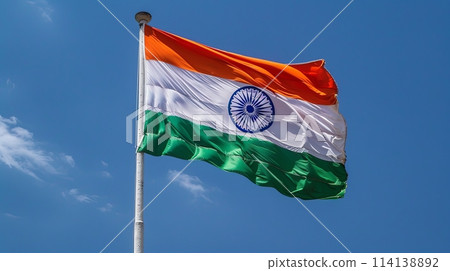 waving Indian flag, blue sky background 114138892