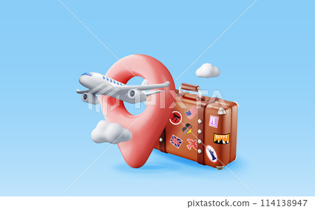 3d vintage travel bag, location pin and airplane 114138947