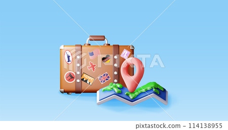 3d vintage suitcase with folded paper map 114138955