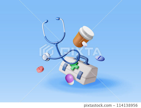 3d first aid kit with stethoscope, pill container 114138956