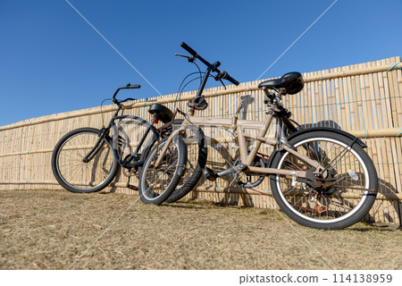 Bicycles, cycling, pottering, parks along the coast with blue skies 114138959
