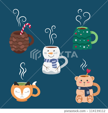 Cute winter mugs with hot drinks in the shape of snowman, fox, Christmas tree, pine cone, bear toy. Beautiful set of illustrations on blue background. 114139112