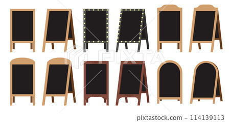 Set of street sandwich empty stands black menu boards. Welcome wooden stands signs with black side. Vector collection. 114139113