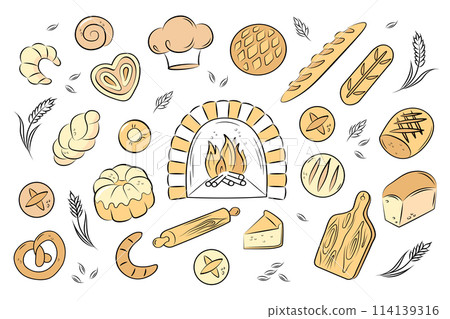Color bakery, bread, croissant, bun, pie, wood-burning oven. A large vector set of doodle icons on white background. Color bakery, bread, croissant, bun, pie, wood-burning oven. A large vector set of doodle icons on white background. 114139316
