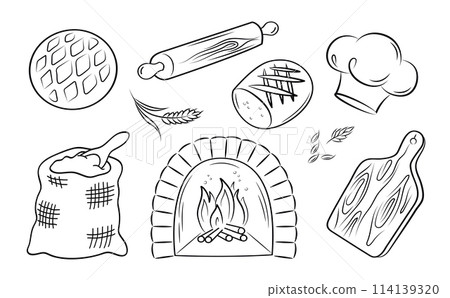 Bakery. Stove with a burning flame, chef's hat, rolling pin, cutting board, fresh bread. Set of vector doodle elements on a white background. Bakery. Stove with a burning flame, chef's hat, rolling pin, cutting board, fresh bread. Set of vector doodle elements on a white background. 114139320