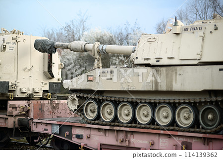 "American M109A6 Paladins Artillery Moving Through Bulgaria to Ukraine 114139362