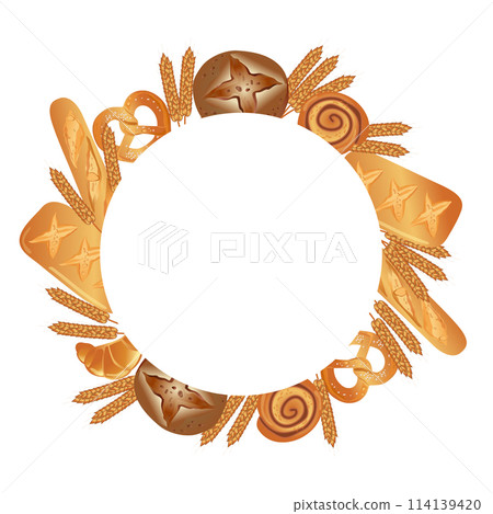 Round frame with ears of corn and bread. Vector illustration on a white background. Round frame with ears of corn and bread. Vector illustration on a white background. 114139420