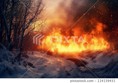 Fire in the forest. Winter time. Generated AI 114139431